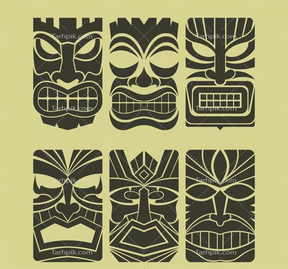 بسته وکتور ماسک‌های رترو-تیکی با طراحی‌های جذاب و رنگارنگ