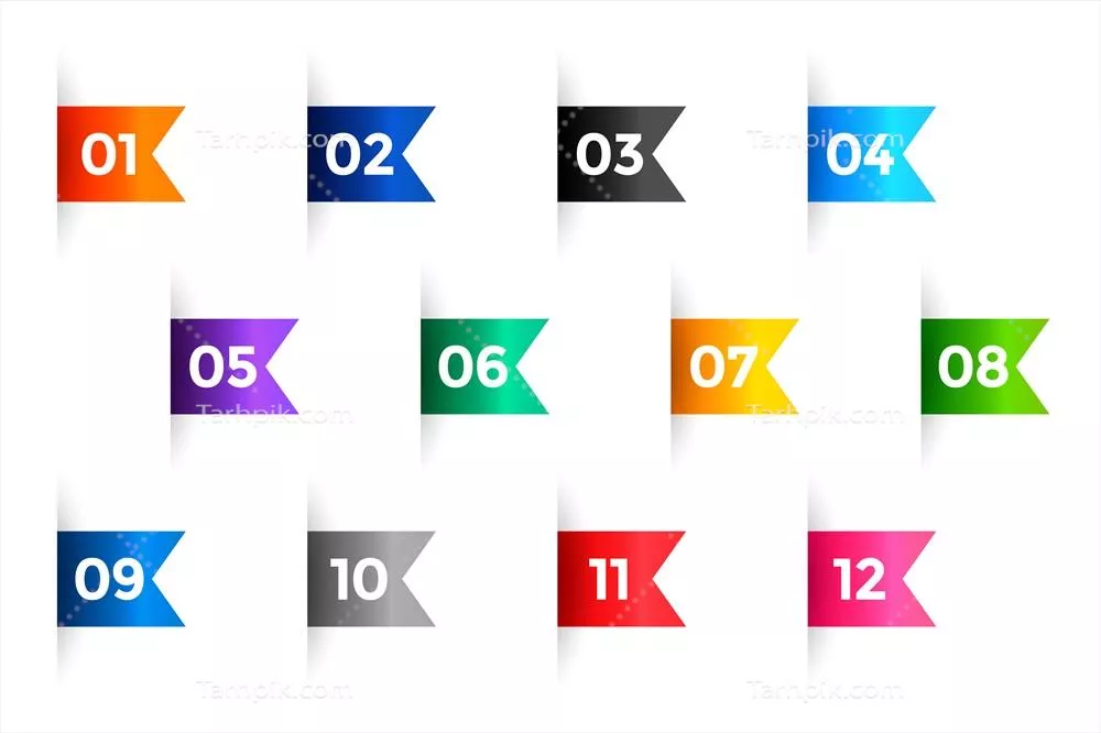 نقاشی وکتور نوار ریبون با نشانهگذاریها و شمارهها از یک تا دوازده