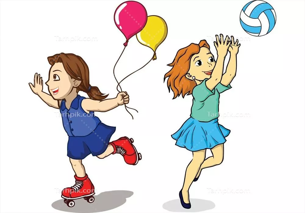 بسته وکتور تفریحات کودکانه شامل دختر اسکیت‌سوار و دختر والیبال‌باز با بادکنک
