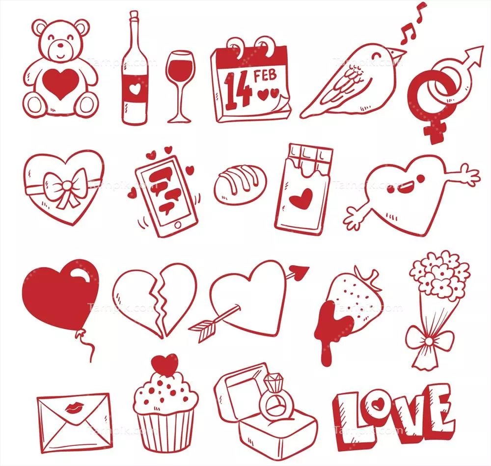 وکتور عناصر عاشقانه و طراحی دوختی برای روز ولنتاین
