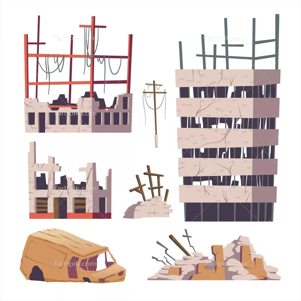 تصویر وکتور از خانههای متروکه و ویران شده همراه با خودرو کهنه