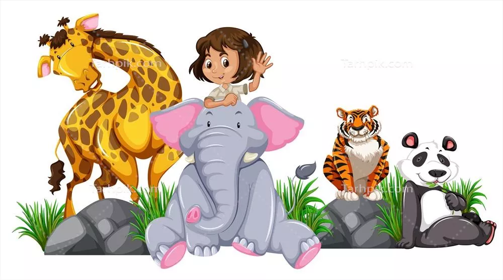 وکتور تصویر دختر سافاری همراه با حیوانات وحشی در دل طبیعت