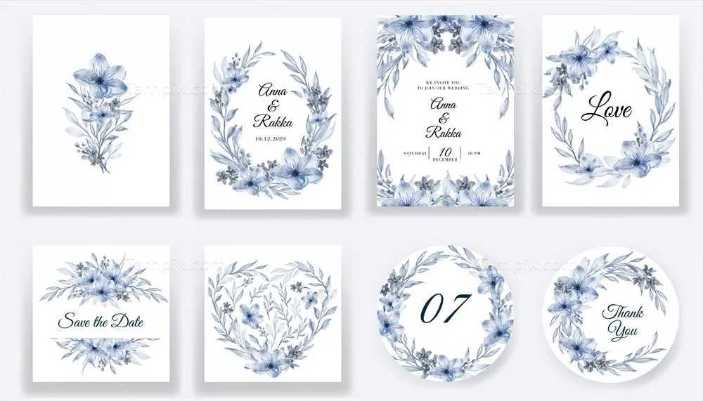 وکتور مجموعه کارتدعوت با طراحی گل و آبرنگی آبی برای تاریخهای خاص