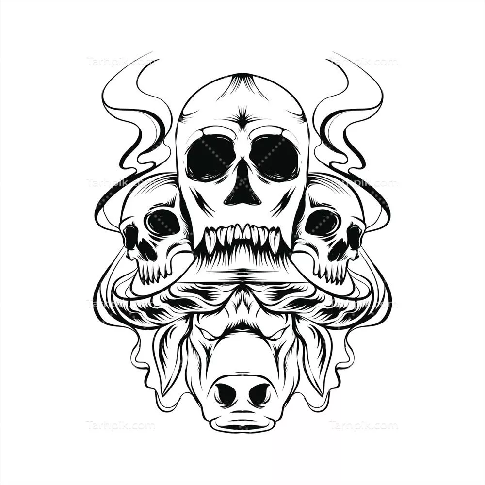 وکتور طراحی و نقاشی ترسناک سر گاومیش و جمجمه با جزئیات هنری