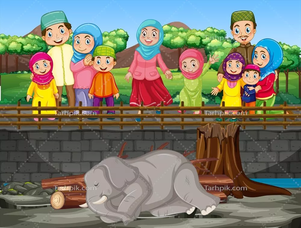 وکتور تصویری از انسان‌ها که در باغ وحش به فیل خوابیده نگاه می‌کنند