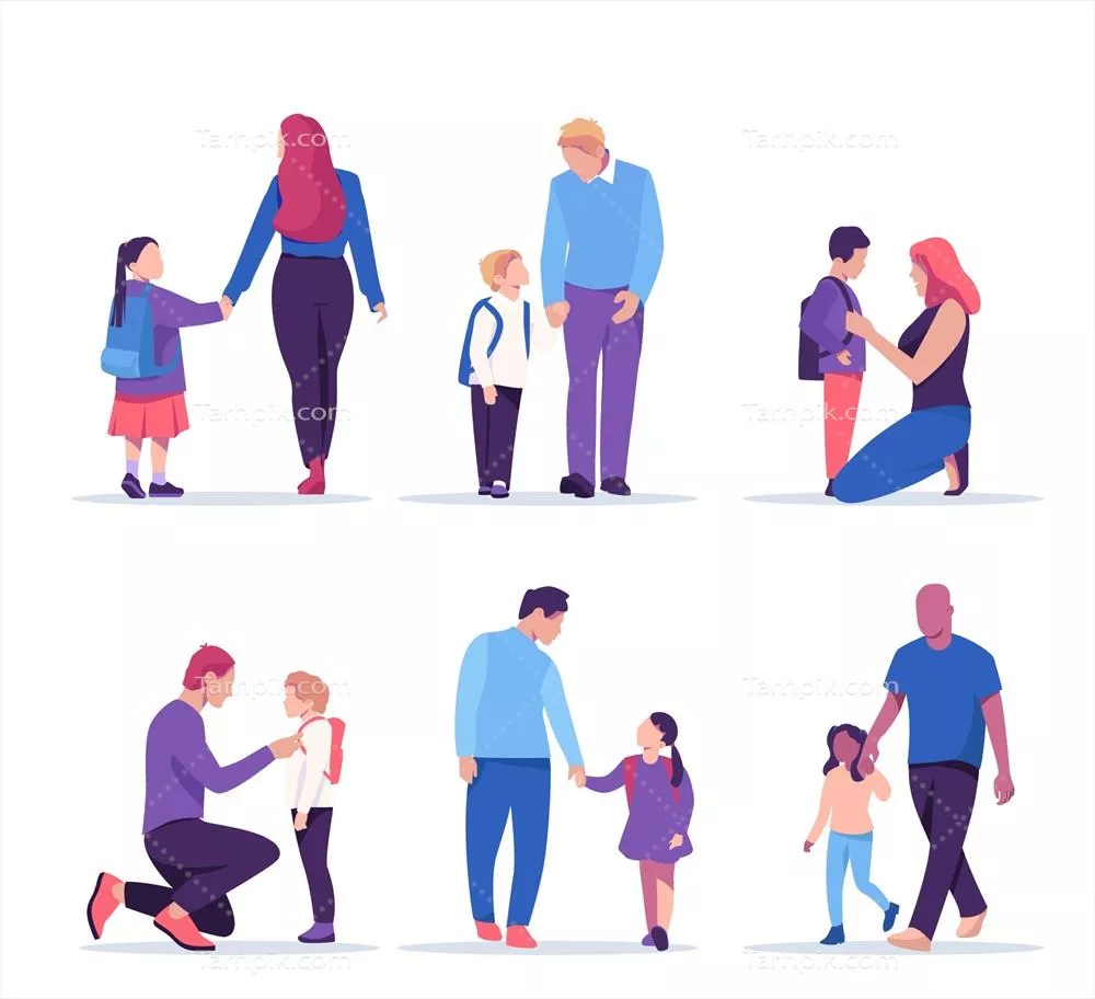 طرح وکتوری از دانشآموزان در کنار والدین در یک محیط آموزشی