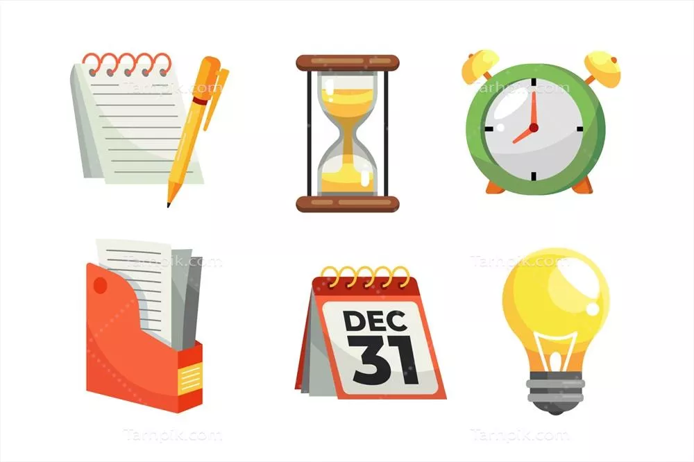 وکتور آیکون‌های ابزارهای آموزشی و مدرسه با تم ساعت برای طراحی های آموزشی