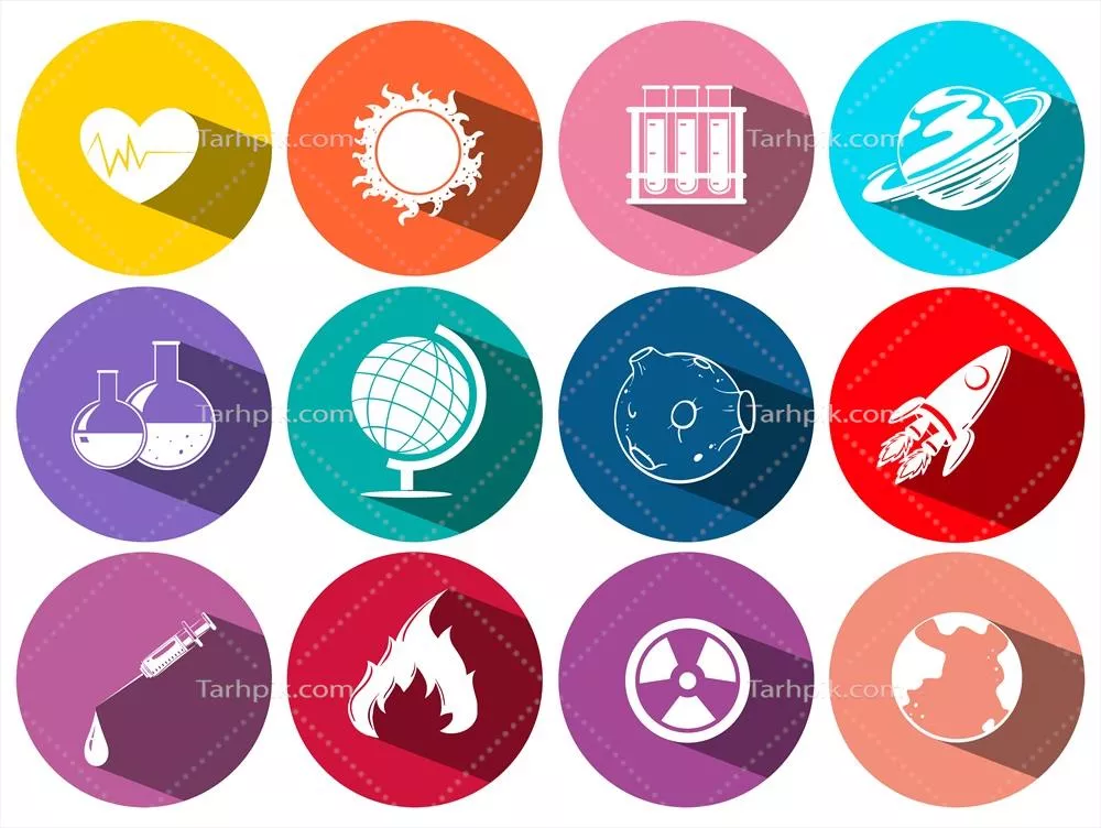 وکتور نمادهای علمی و فناوری بر روی آیکون‌های گرد: تصاویری از دنیای مدرن