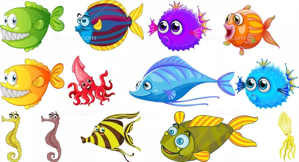وکتور مجموعه انیمیشن‌های کارتونی موجودات دریایی با شخصیت‌های جالب و جذاب