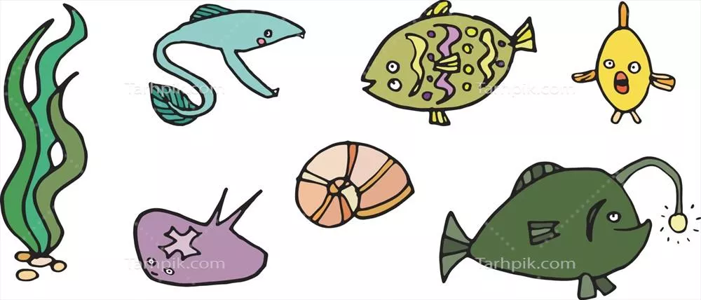 وکتور مجموعه کارتونی از ماهی‌ها و موجودات دریایی خنده‌دار برای کودکان