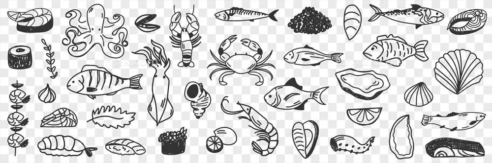 وکتور مجموعه طراحی‌های دستی از آبزیان و میگو، شامل خرچنگ‌های زیبا