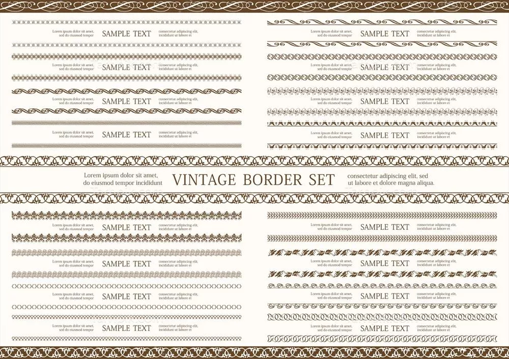 وکتور مجموعه حاشیههای وینتیج بدون درز با پسزمینه ساده و تکرارپذیر افقی