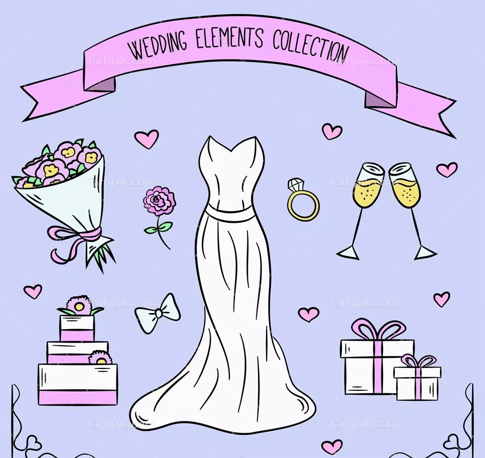 مجموعه زیبای عناصر عروسی با طراحی دست‌کشیده به سبک وکتور