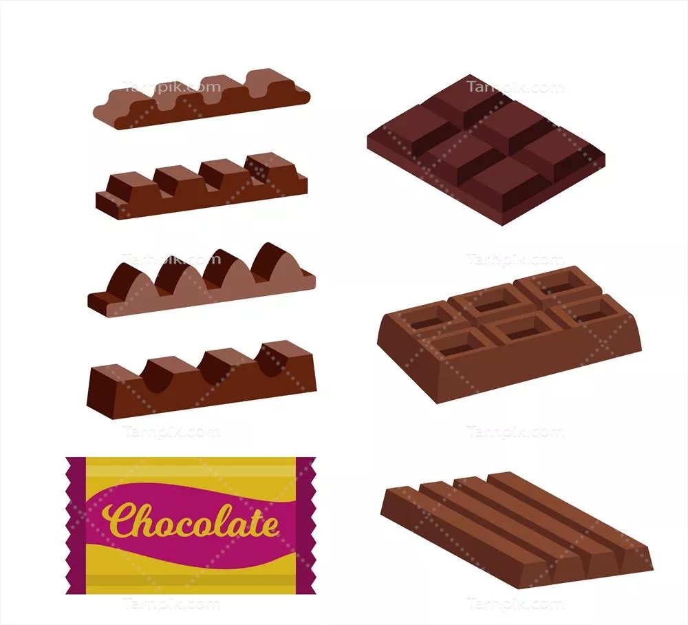 شکلات های خوشمزه: مجموعه ای از قطعات و بارهای شکلاتی وکتوری