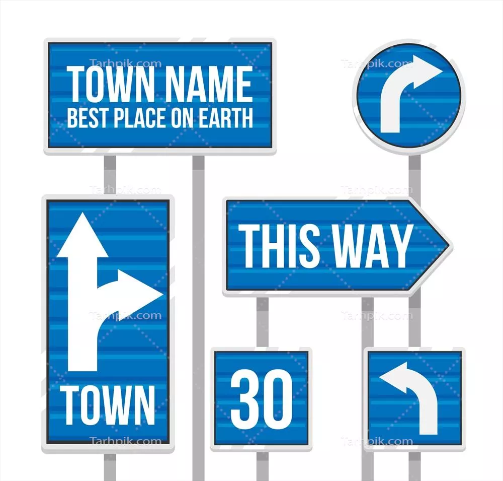 مجموعه علائم ترافیکی آبی رنگ با طراحی مسطح و وکتوری