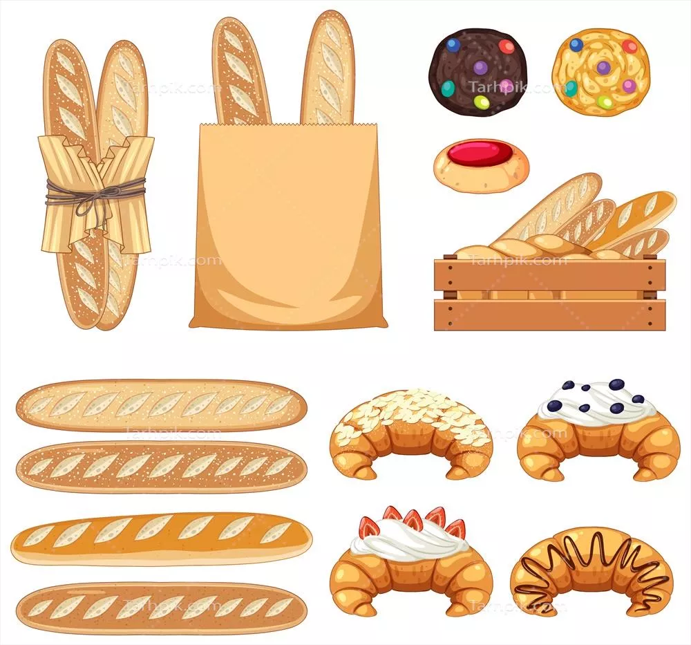 محصولات نانوایی: مجموعه طراحی شده نان و شیرینی در سایه برداری وکتور