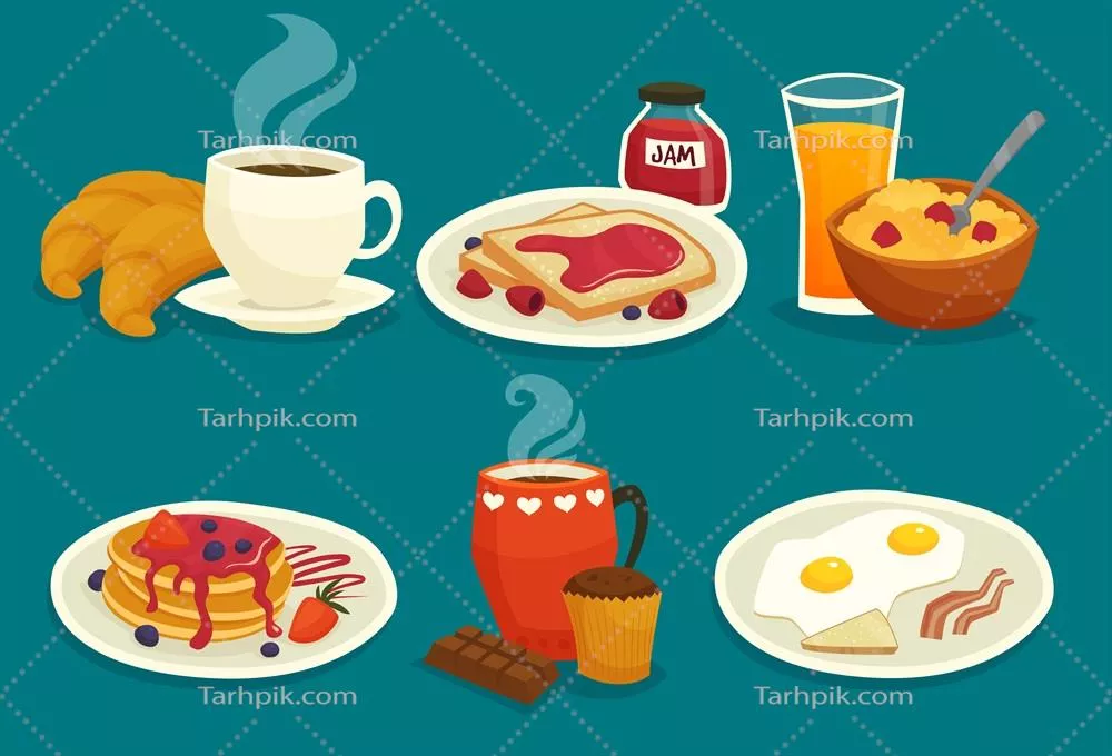 مجموعه ای از آیکون های کارتون صبحانه به صورت وکتور