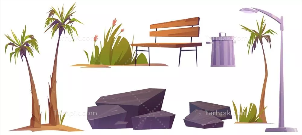 وکتور تزیینات پارک شهری با درختان نخل، گل ها و چراغ های زیبا