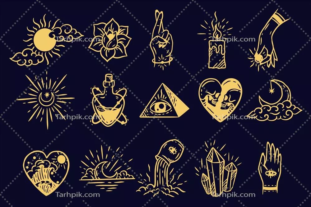 وکتور مجموعه ای فراموش نشدنی از عناصر جادویی و آسمانی با طراحی های دکوری تاریک و هالی