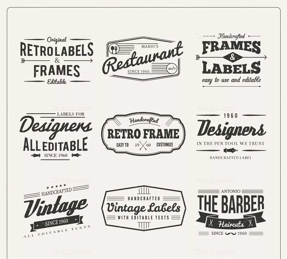 مجموعه آیکونهای رترو در طراحی وکتور برای نشانهها و نشانها