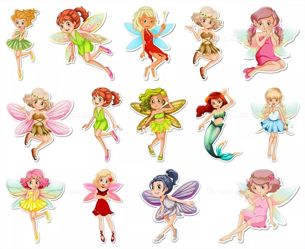 وکتور ستیکرهای زیبا با شخصیت های کارتونی پری و ماهیگیر