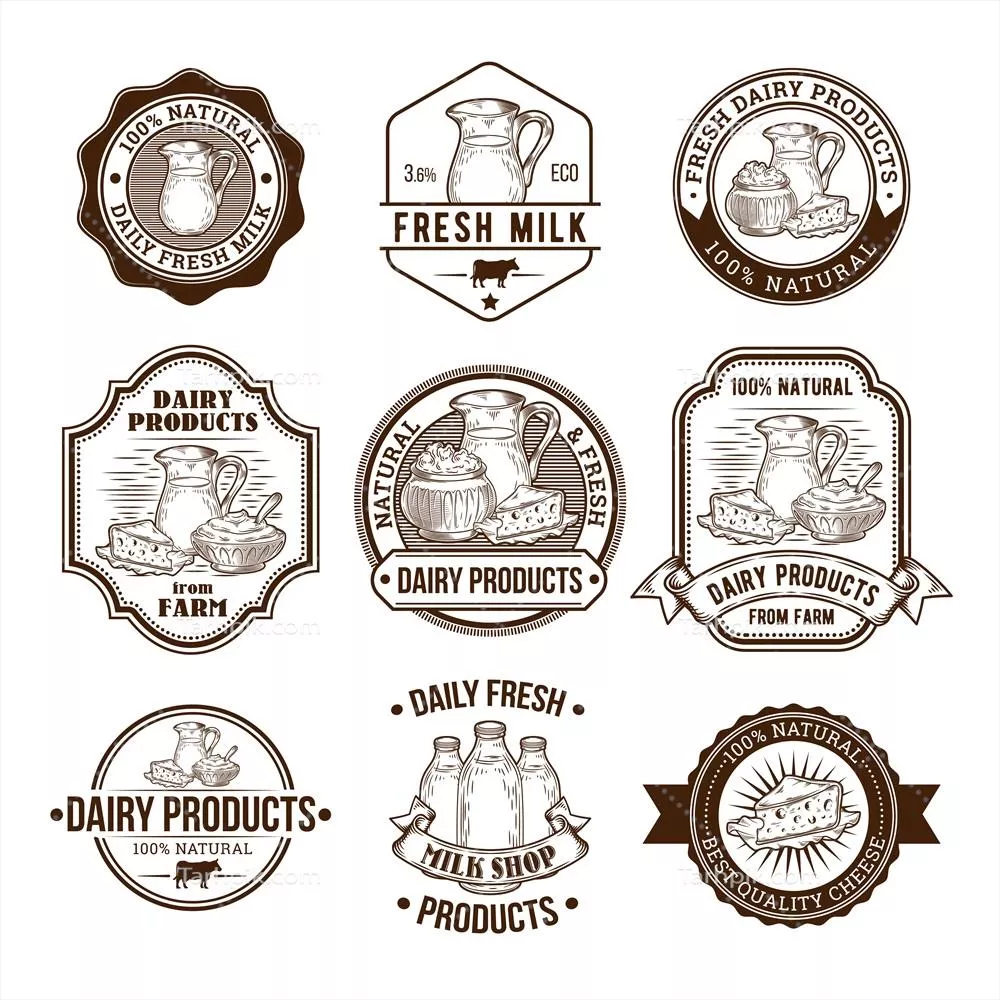 مجموعه وکتورهای تصویر شامل برچسب‌ها، نشان‌ها و تمبرهای محصولات لبنی و شیر