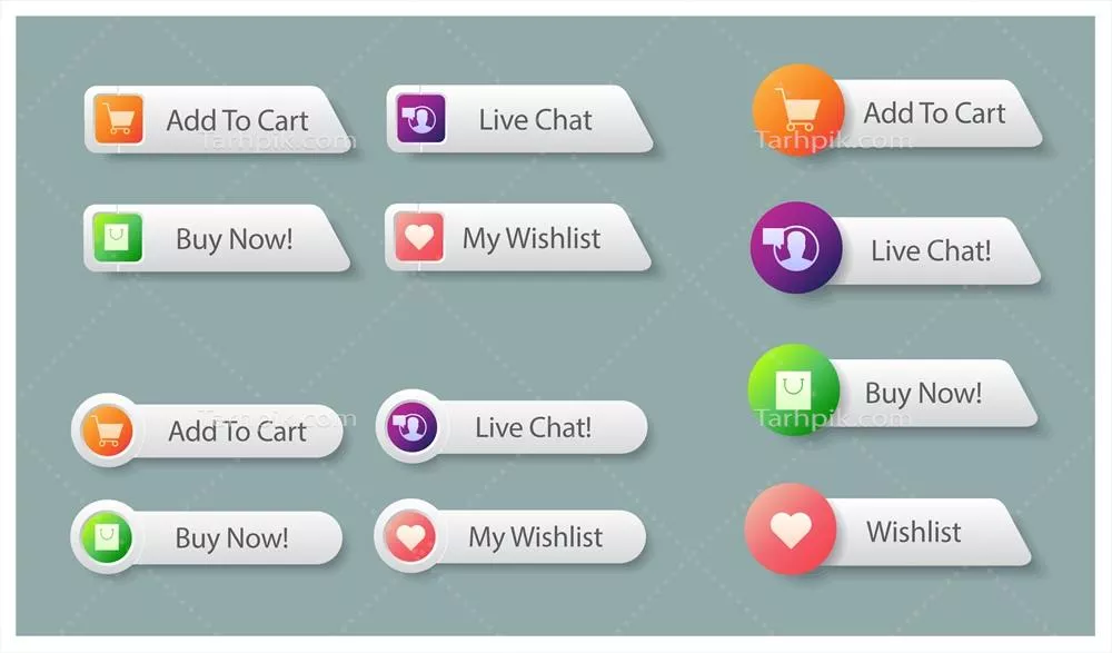 وکتور طراحی مجموعه دکمه‌های خرید برای برنامه‌های بازار آنلاین یا شبکه‌های اجتماعی