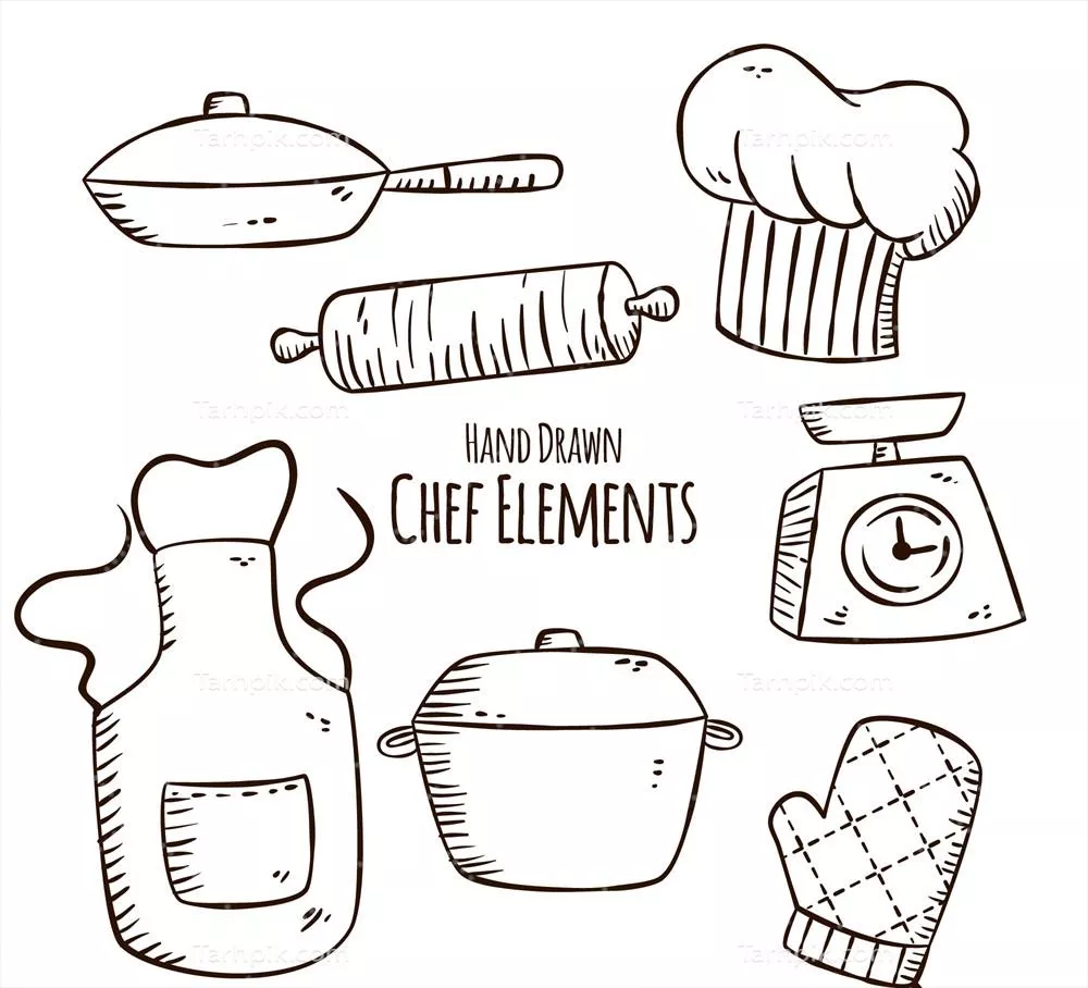 وکتور چندین مورد طراحی شده دستی از اشیاء مرتبط با سرآشپزها