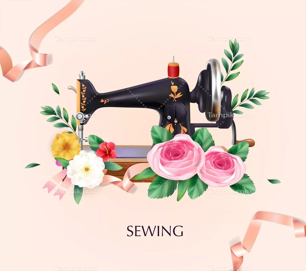تصویری زیبا از ماشین دوخت با گلها و روبانها در طراحی وکتور