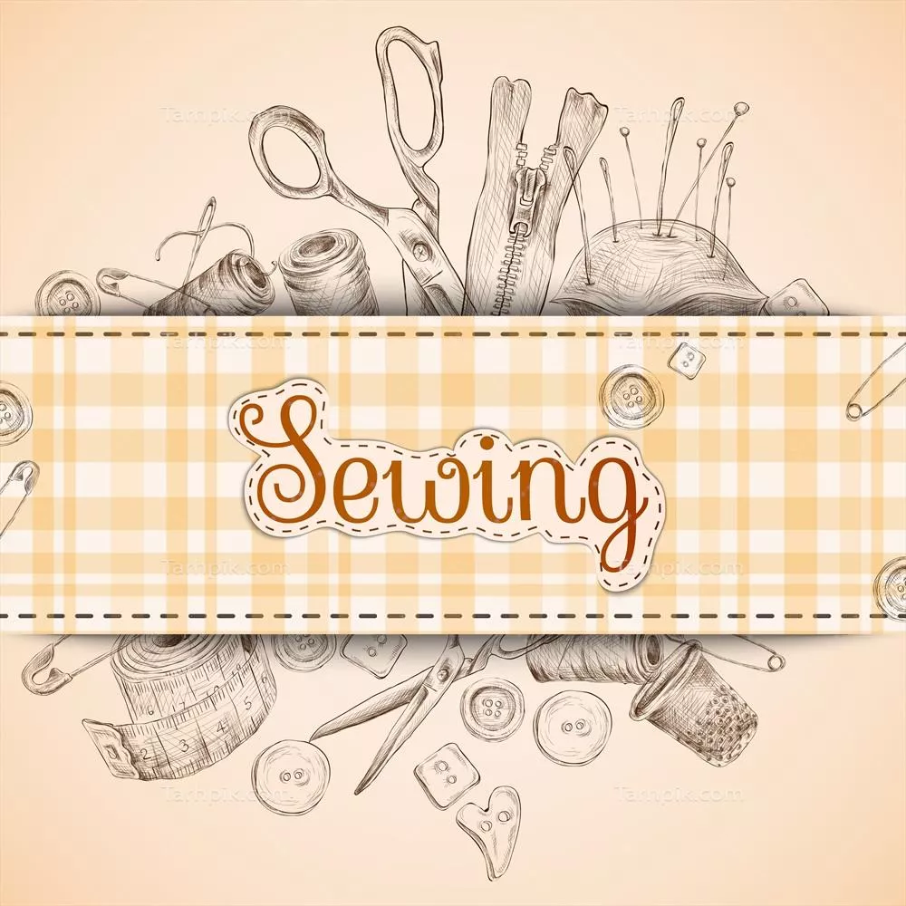 طرح کارت دوخت با لوازم خیاطی در پس‌زمینه خطی و وکتور