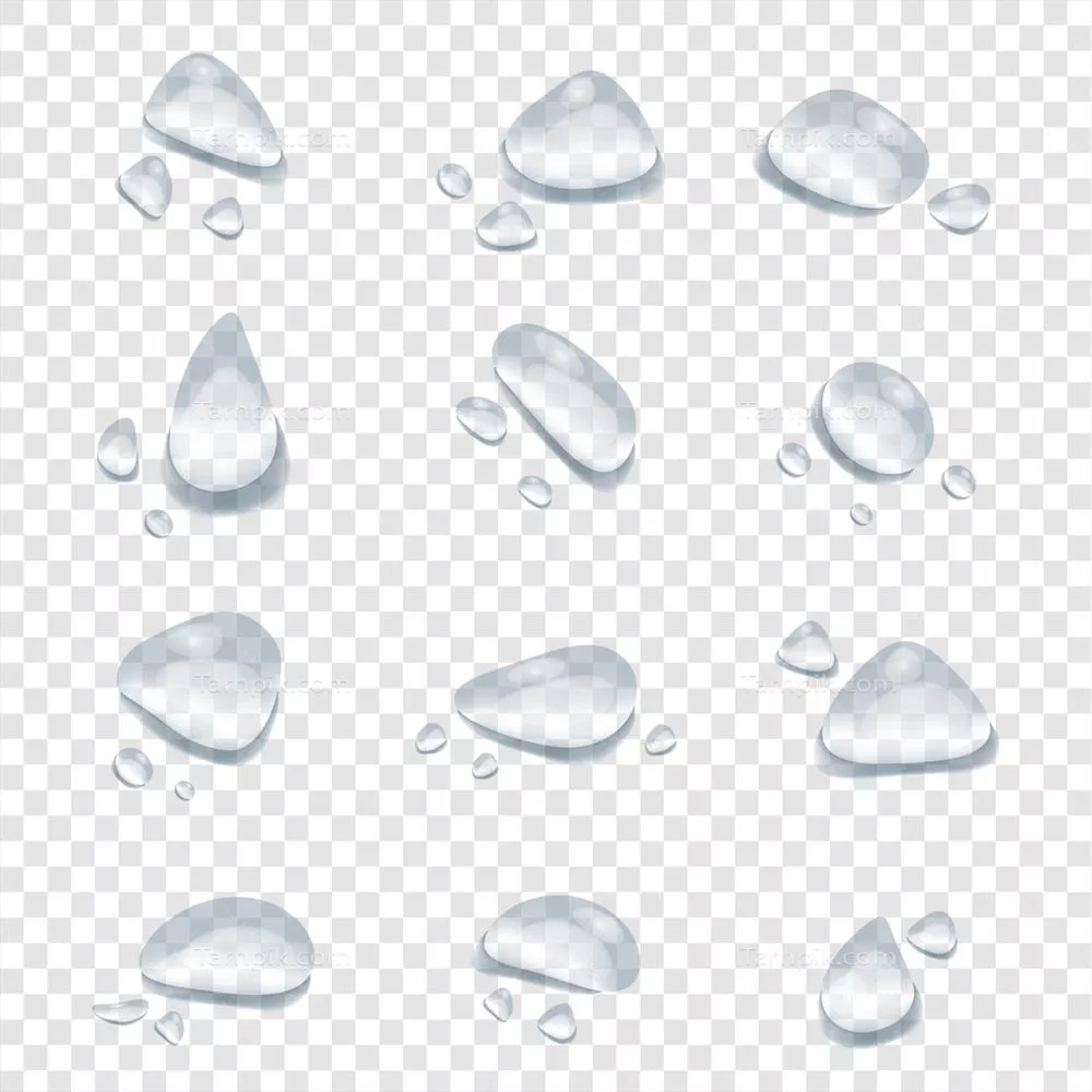 تصویر وکتور قطرات آب بر روی پس‌زمینه شفاف به همراه افکت‌های جذاب
