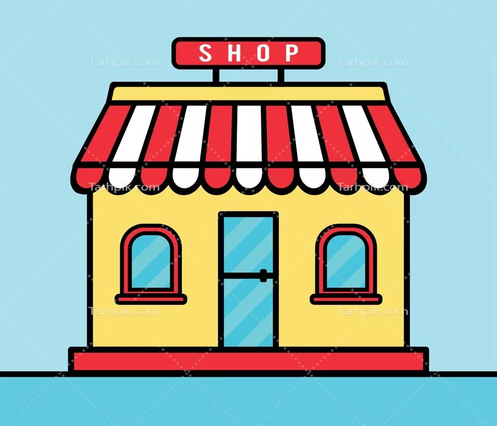 وکتور تصویر کارتون دو بعدی و طراحی فروشگاه برای نمایش ساختمان فروشگاهی