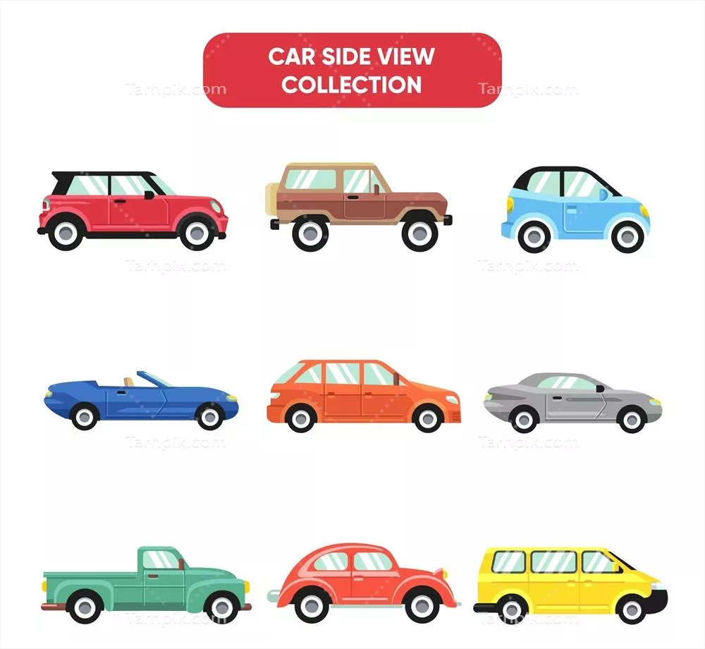 مجموعهای از نه خودرو در نمای جانبی - طراحی وکتور مدرن