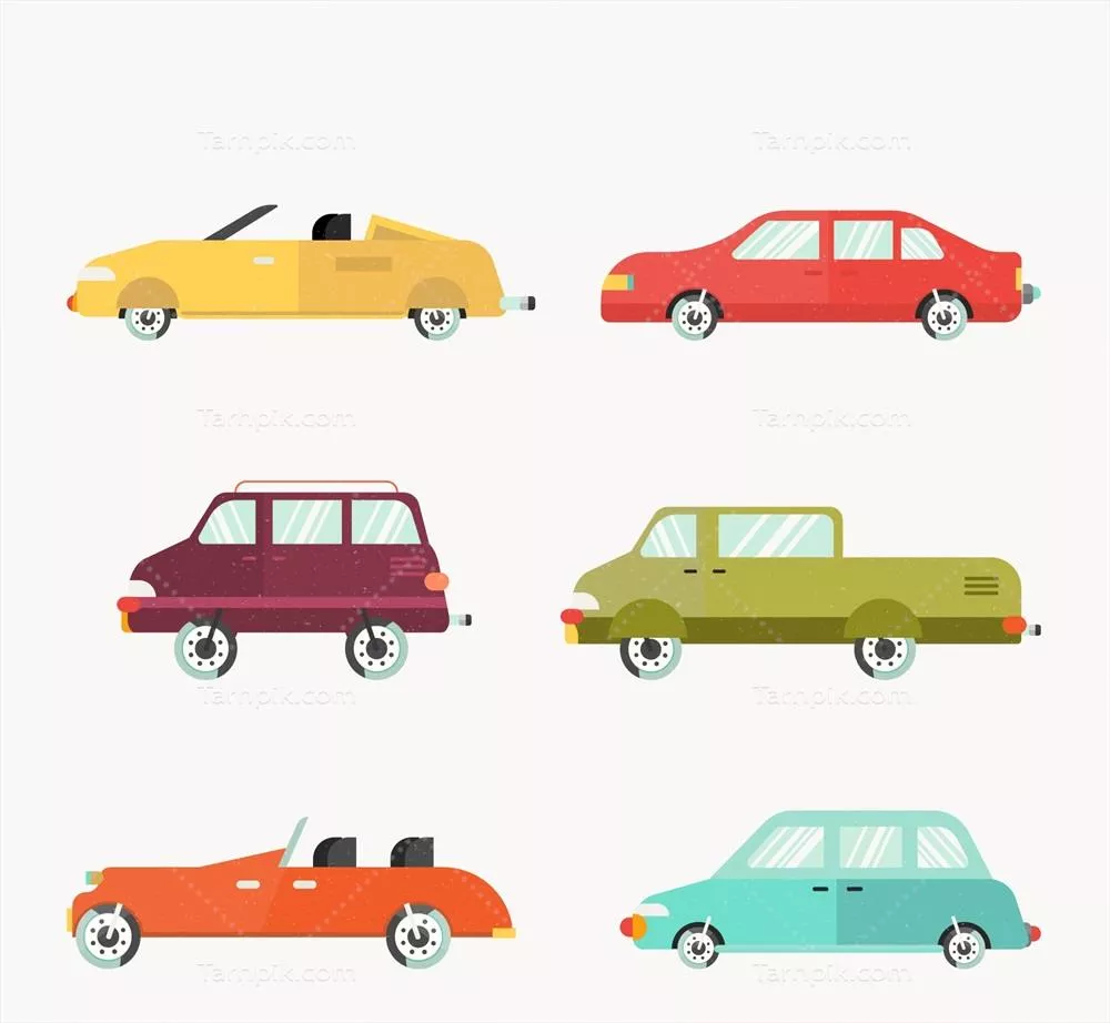 تصویر وکتور نمای جانبی شش خودرو با رنگ های مختلف و جذاب