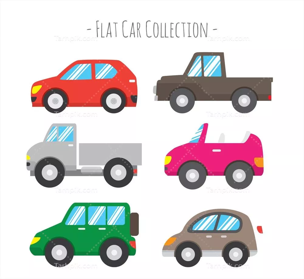 نمای کناری شش خودروی ساده و مسطح به صورت وکتور