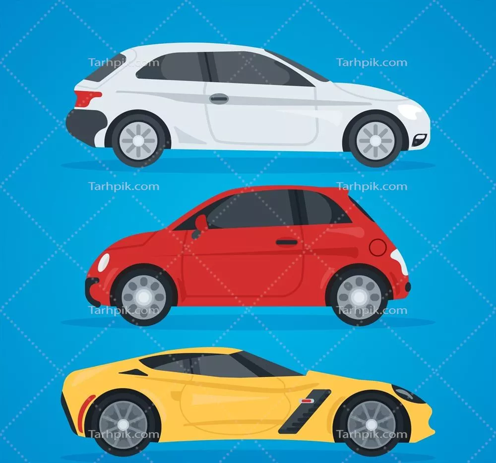 تصویر وکتوری نمای جانبی سه خودرو مختلف در حالت ایستاده