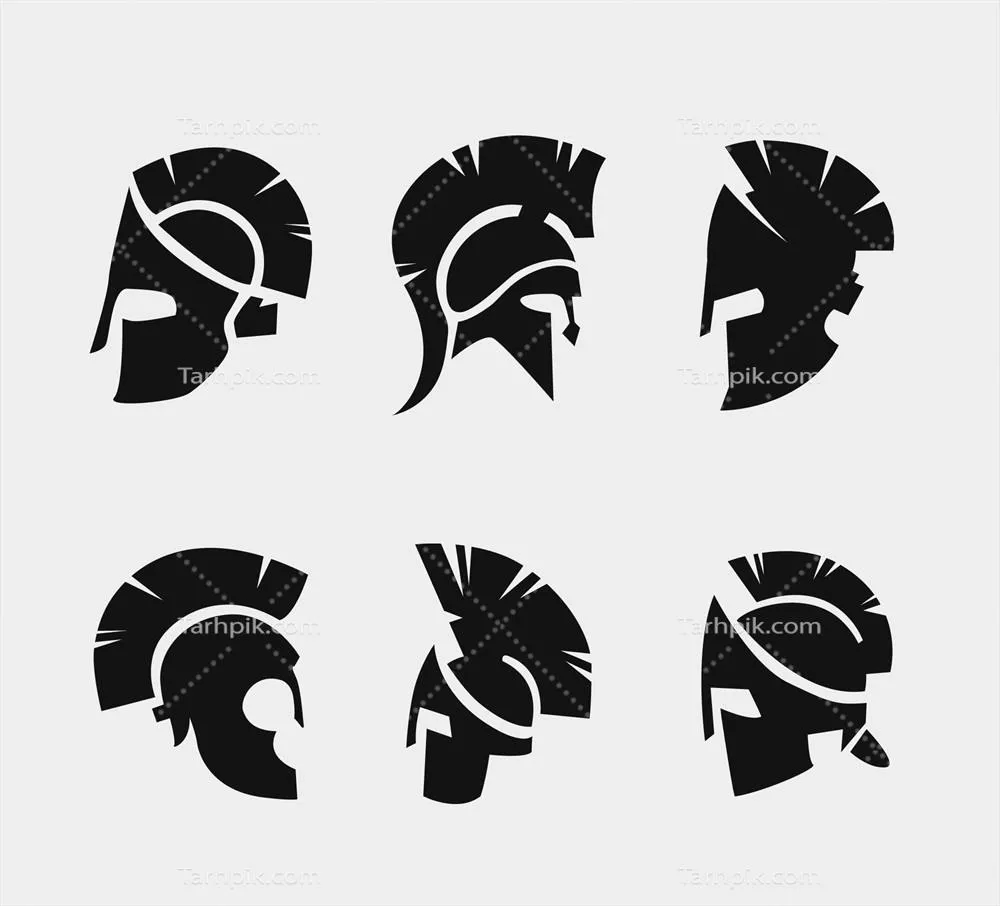 مجموعه طرح سیاه قلم کلاه‌خودهای اسپارتانی وکتور