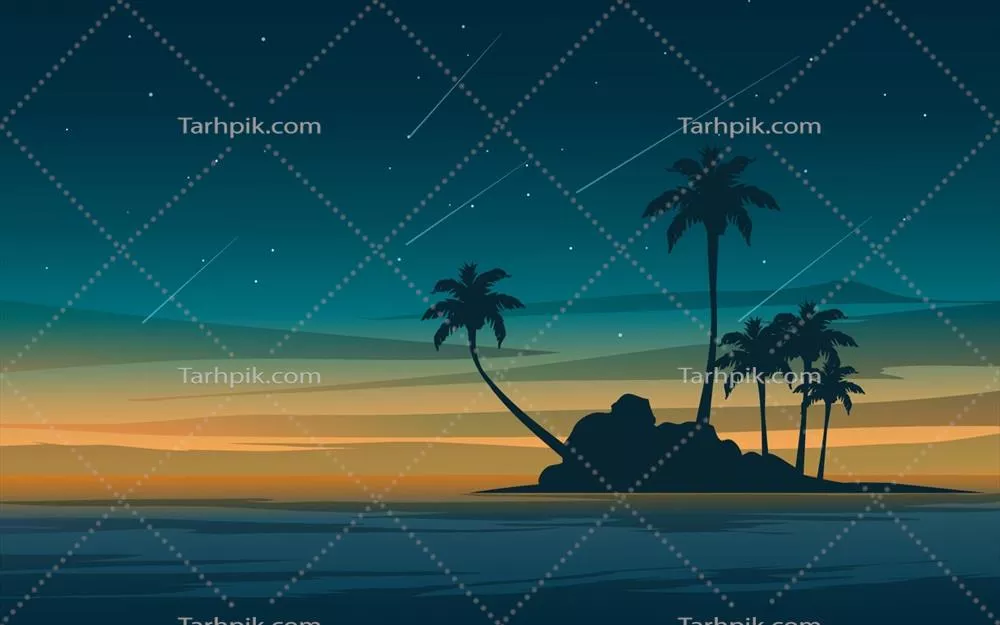 وکتور سیلويت جزيره در شب ستارهای با آسمان پرستاره و زیبایی خیرهکننده