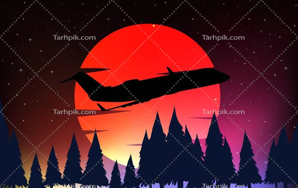وکتور تصویر سیلوئت از یک صحنه با هواپیما و ماه قرمز در آسمان