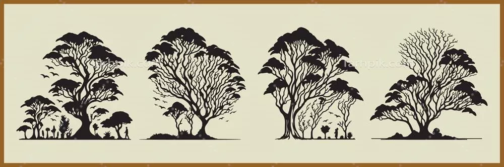 وکتور سایهنگاری درختان بزرگ همیشهسبز و کاجها در برابر پسزمینهی سفید