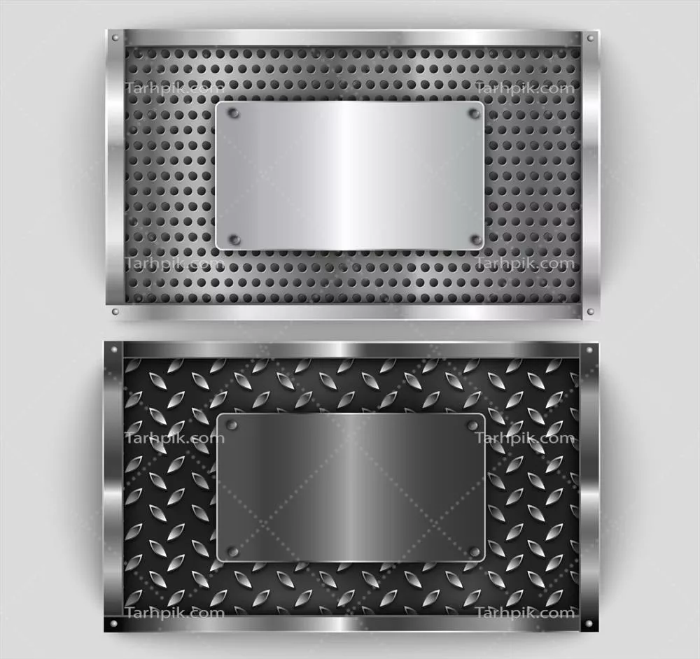 بسته وکتور پلاک های فلزی نقره‌ای با طراحی مدرن و جذاب