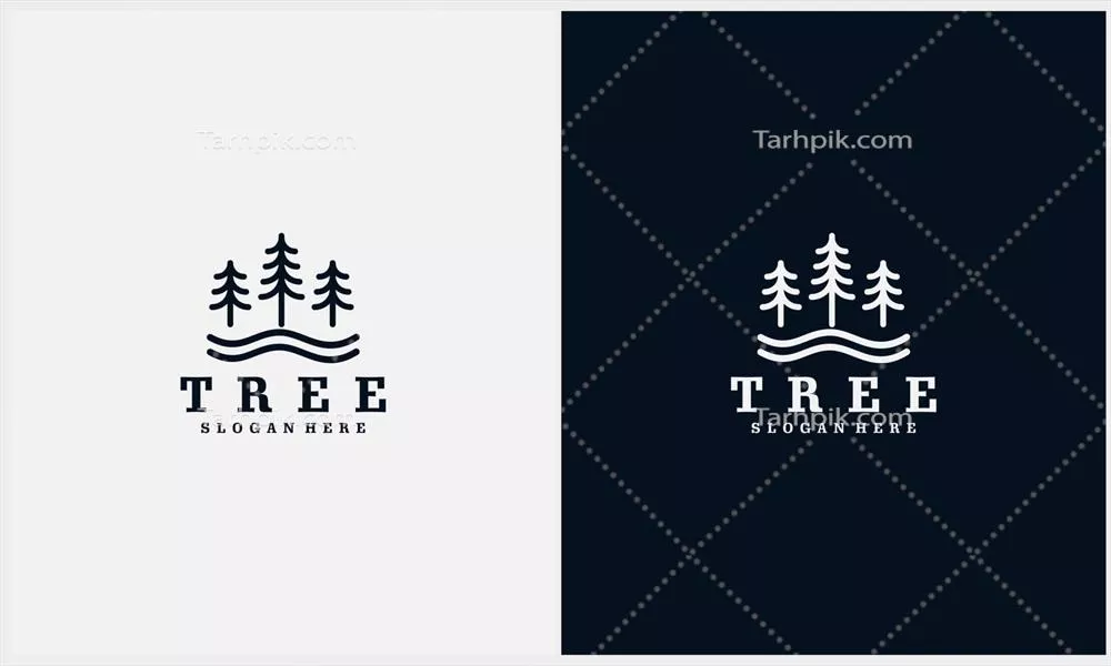 وکتور مدل لوگوی با نماد درخت کاج همیشه سبز و رودخانه ساده