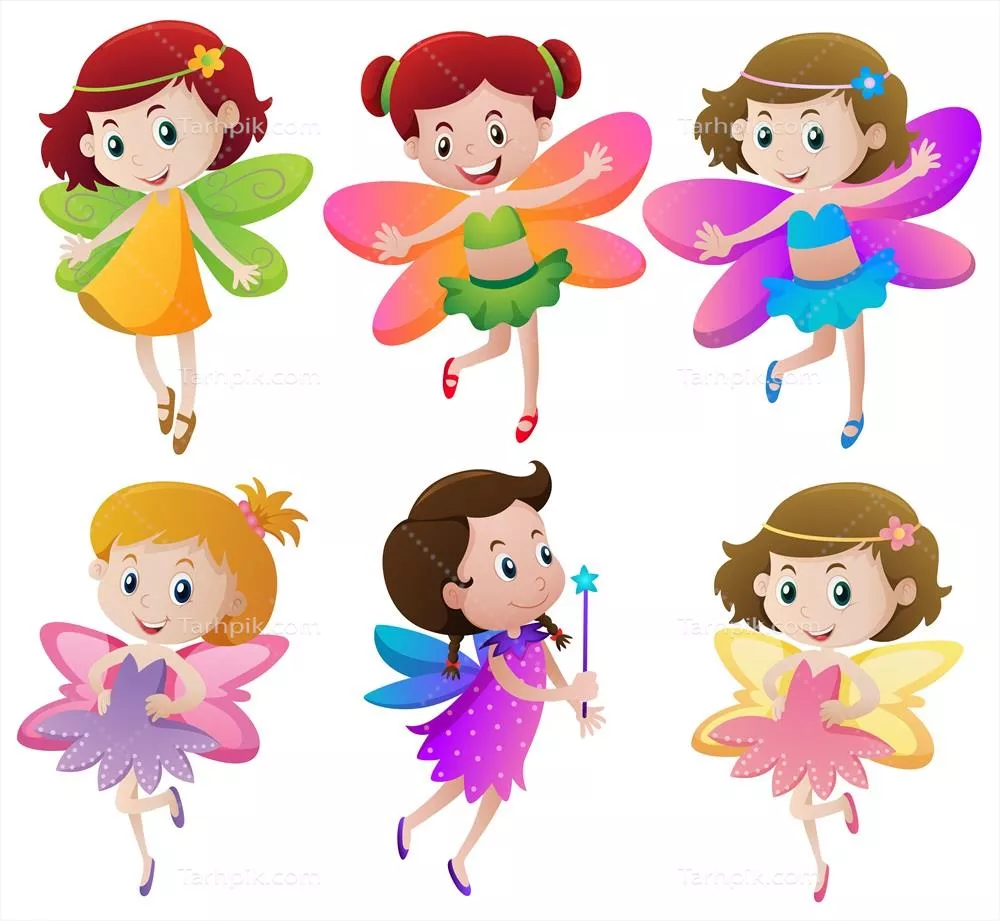 وکتور تصویری از شش پوشش پری با بالهای رنگارنگ و زیبا