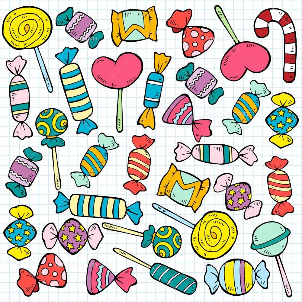 الگو و وکتور آبنبات و لولیپاپ رنگی با طراحی اسکیس