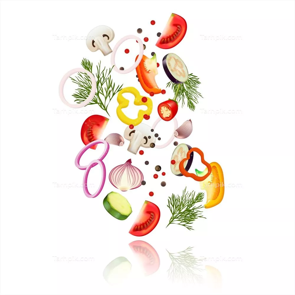 وکتور طرح واقعگرایانه برشخورده سبزیجات شامل گوجهفرنگی، فلفل و پیاز