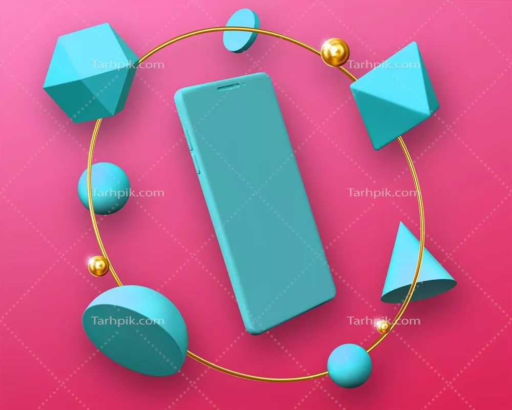ماکت گوشی هوشمند با قاب دایره‌ای و اشکال هندسی سه‌بعدی و وکتور
