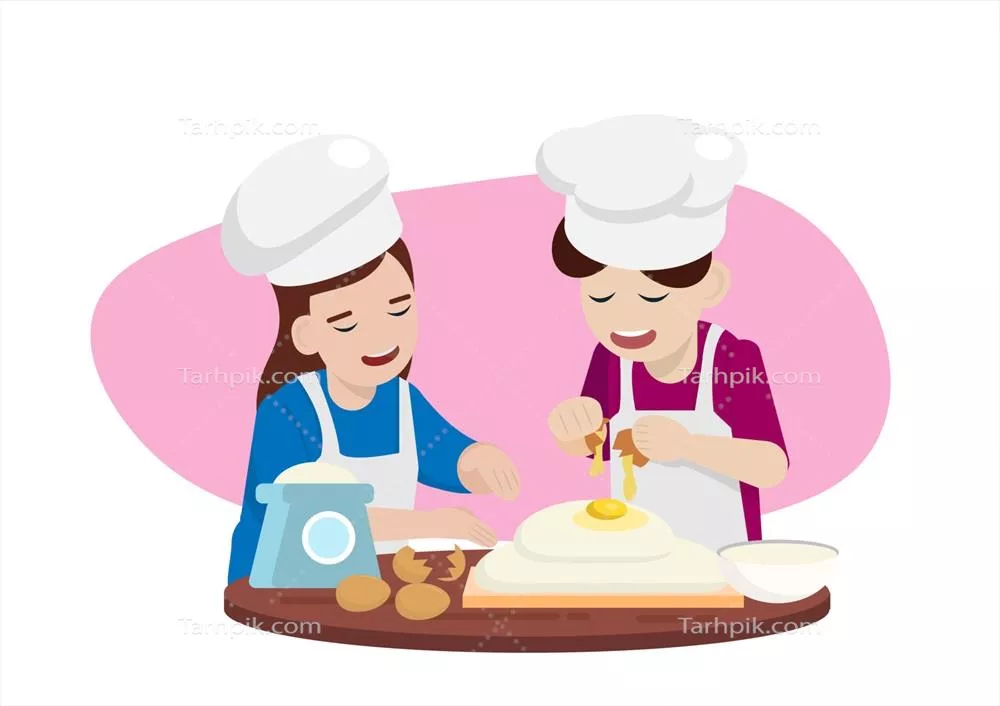 وکتور لبخند مردان و زنان در حین درست کردن کیک و لذت بردن از فرآیند