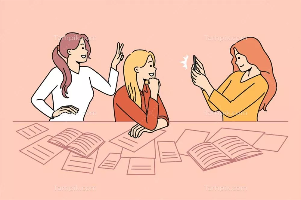 وکتور دختران جوان و شاد دانشگاهی در حال گرفتن سلفی و خوش گذرانی