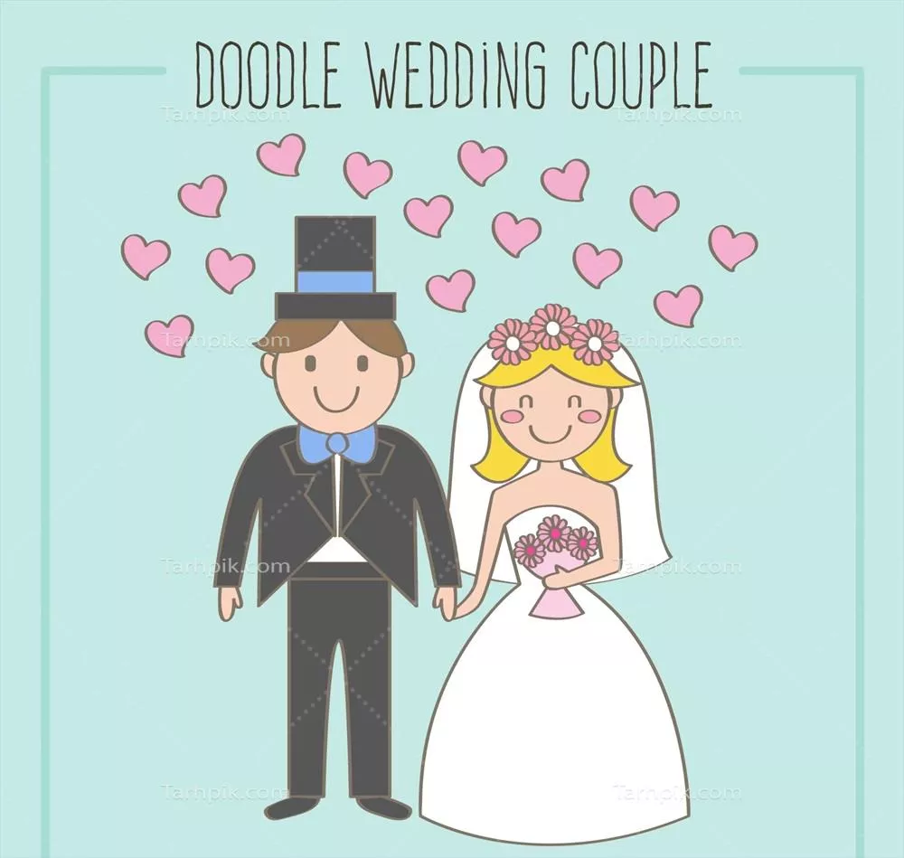 عکس وکتور عروس و داماد خوشحال با قلبهای صورتی زیبا