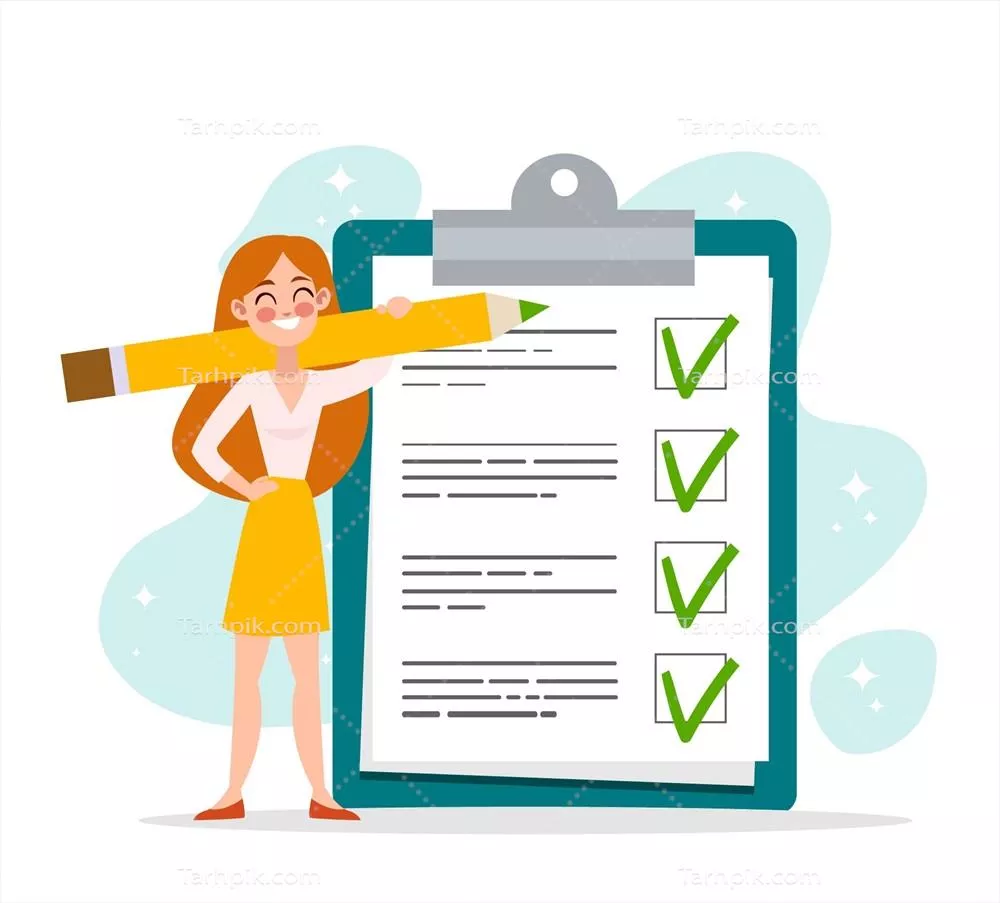 زنی شاداب در حال بررسی لیست بزرگ در پس زمینه - وکتور